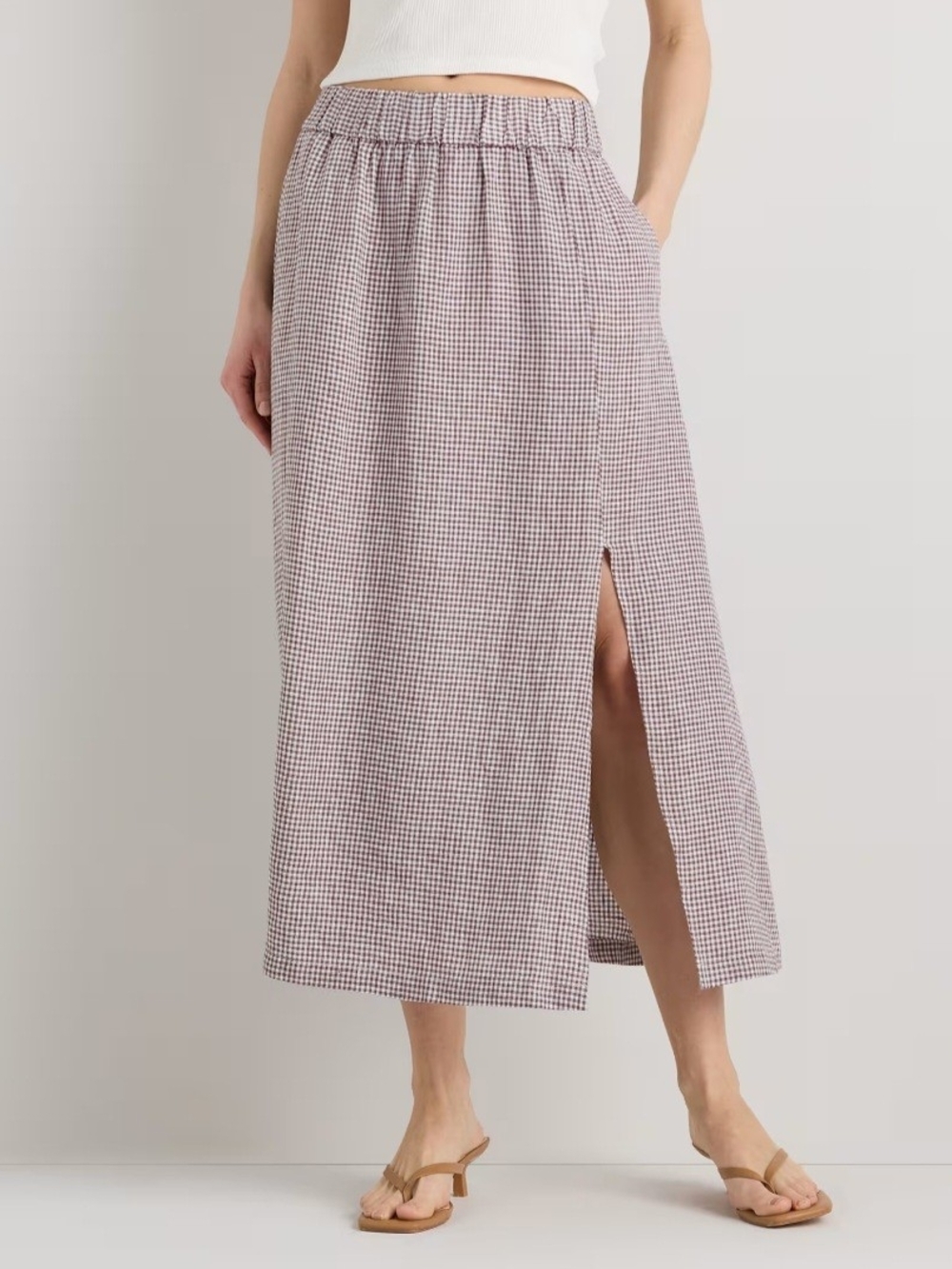 ​Quince Taupe Brown Gingham 100% European Linen Maxi Skirt Size M
